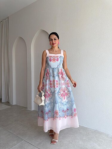 ADELE Desenli Midi Elbise 3036 - Pudra - 1