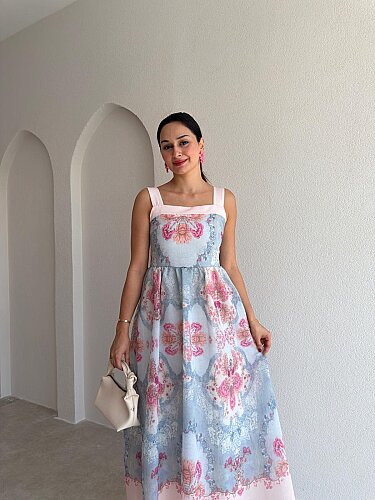 ADELE Desenli Midi Elbise 3036 - Pudra - 2