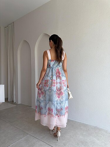 ADELE Desenli Midi Elbise 3036 - Pudra - 3
