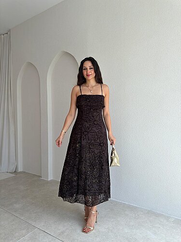 AEMON Simli Desenli Midi Elbise 4057 - Acı Kahve - Mooi Butik