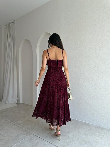 AEMON Simli Desenli Midi Elbise 4057 - Bordo - 3