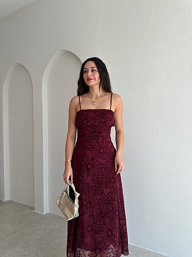 AEMON Simli Desenli Midi Elbise 4057 - Bordo - 2