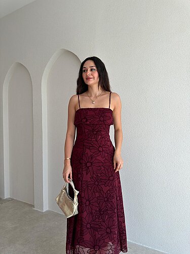 AEMON Simli Desenli Midi Elbise 4057 - Bordo - 2