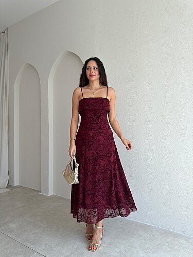 AEMON Simli Desenli Midi Elbise 4057 - Bordo - Mooi Butik