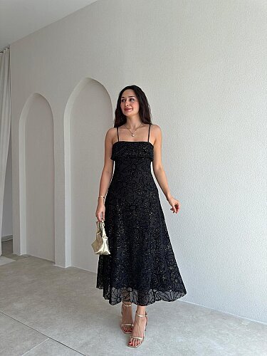 AEMON Simli Desenli Midi Elbise 4057 - Siyah - Mooi Butik