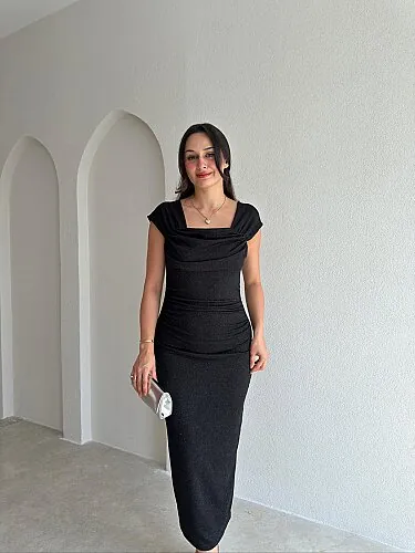 AGRON Simli Midi Elbise 2549 - Siyah - 2