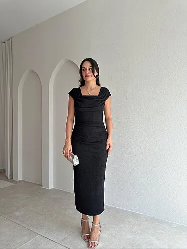 AGRON Simli Midi Elbise 2549 - Siyah - Mooi Butik