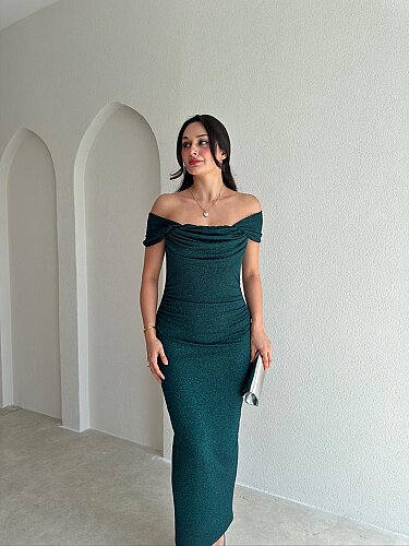 AGRON Simli Midi Elbise 2549 - Zümrüt Yeşili - 2