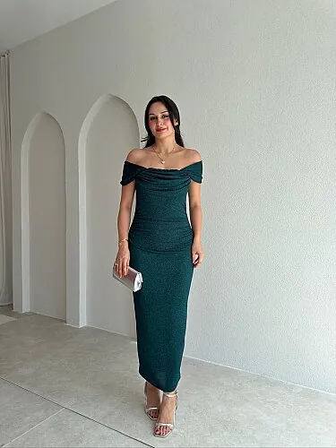 AGRON Simli Midi Elbise 2549 - Zümrüt Yeşili 