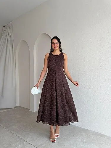 ALASKA İşlemeli Midi Elbise 4008 - Acı Kahve - Mooi Butik