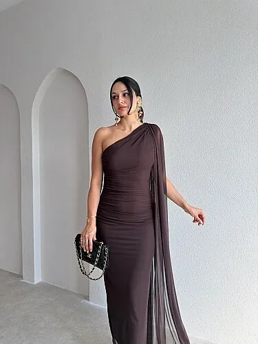 ALEXİA Tek Omuz Midi Elbise 4226 - Acı Kahve - 2