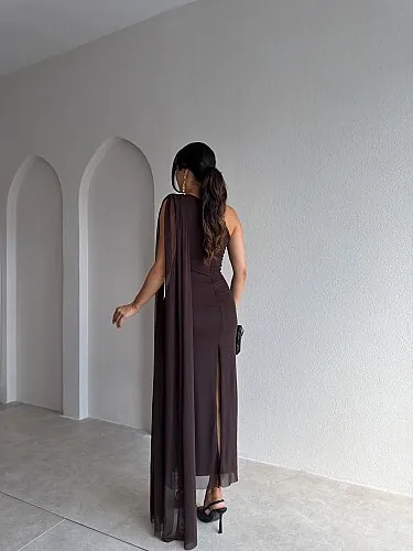 ALEXİA Tek Omuz Midi Elbise 4226 - Acı Kahve - 3