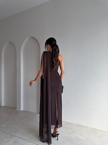 ALEXİA Tek Omuz Midi Elbise 4226 - Acı Kahve - 3
