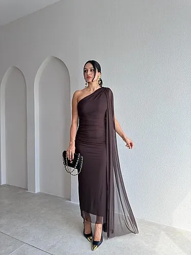 ALEXİA Tek Omuz Midi Elbise 4226 - Acı Kahve - Mooi Butik