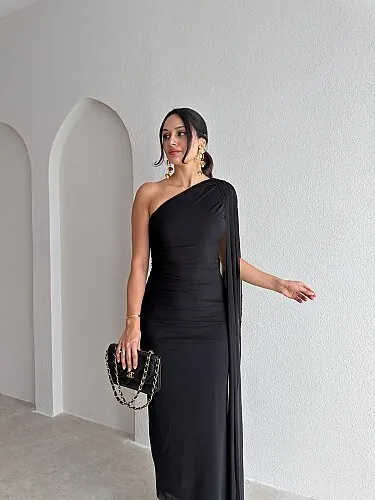 ALEXİA Tek Omuz Midi Elbise 4226 - Siyah - 2