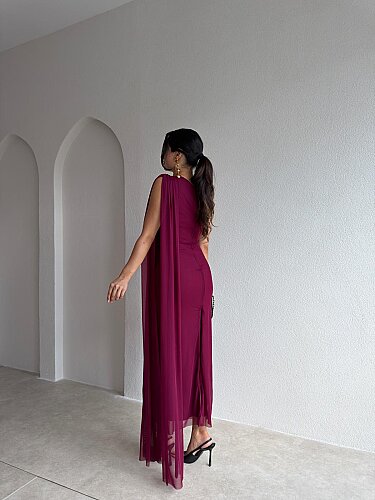 ALEXİA Tek Omuz Midi Elbise 4226 - Mürdüm - 3