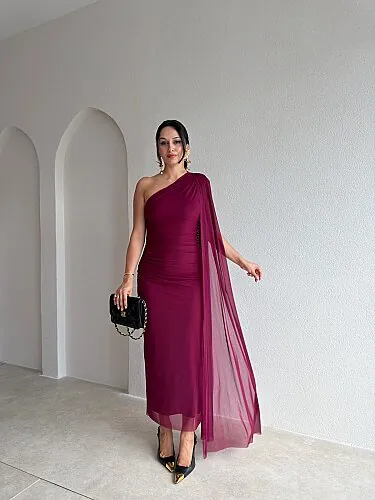 ALEXİA Tek Omuz Midi Elbise 4226 - Mürdüm - Mooi Butik