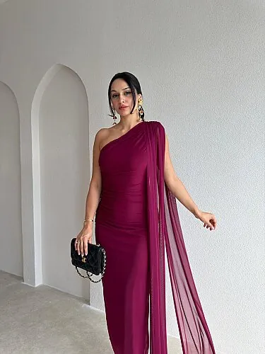 ALEXİA Tek Omuz Midi Elbise 4226 - Mürdüm - 2