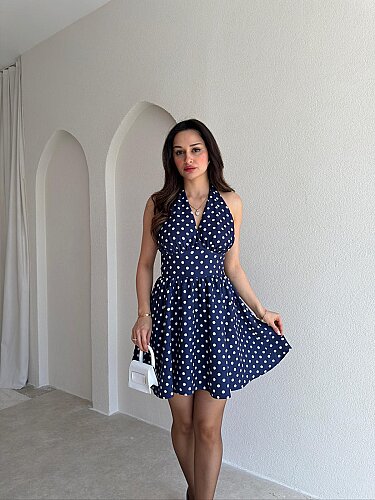 ALİEN Puantiyeli Mini Elbise 1111 - Lacivert - Mooi Butik
