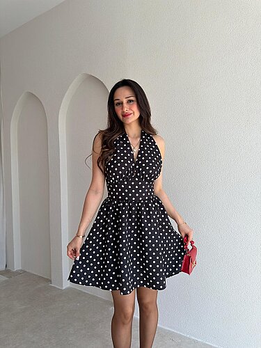 ALİEN Puantiyeli Mini Elbise 1111 - Siyah - Mooi Butik
