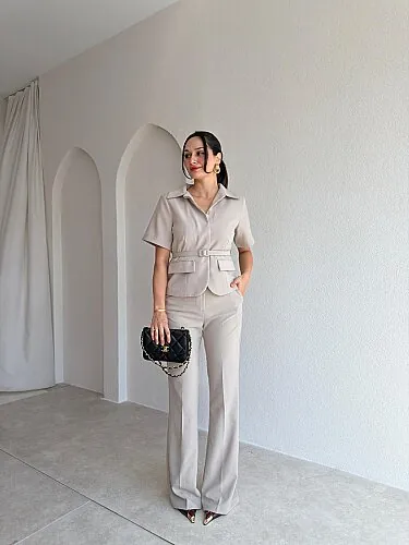 ALLİE Kemerli Takım 5712 - Taş - Mooi Butik