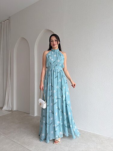 ALMEDA Halter Yaka Çiçekli Elbise 5982 - Mavi 