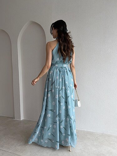 ALMEDA Halter Yaka Çiçekli Elbise 5982 - Mavi - 3