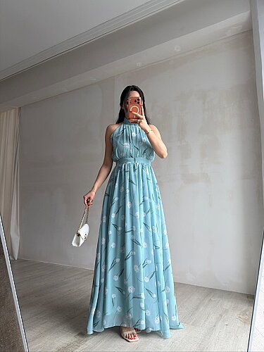 ALMEDA Halter Yaka Çiçekli Elbise 5982 - Mavi - 4