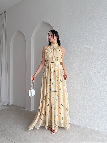 ALMEDA Halter Yaka Çiçekli Elbise 5982 - Sarı 
