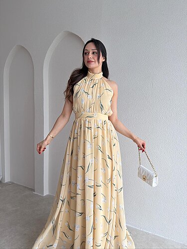 ALMEDA Halter Yaka Çiçekli Elbise 5982 - Sarı - 2