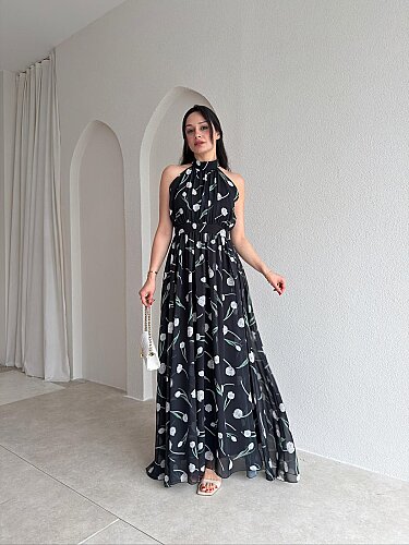 ALMEDA Halter Yaka Çiçekli Elbise 5982 - Siyah - 1