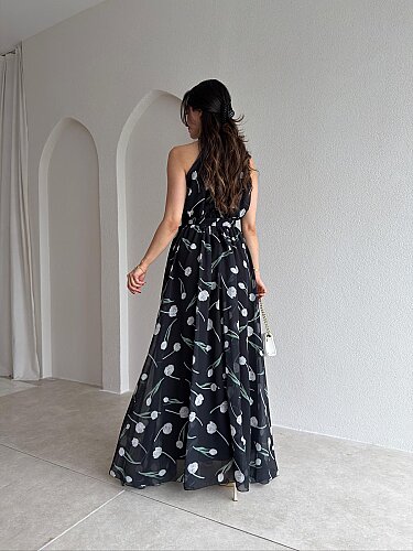 ALMEDA Halter Yaka Çiçekli Elbise 5982 - Siyah - 3