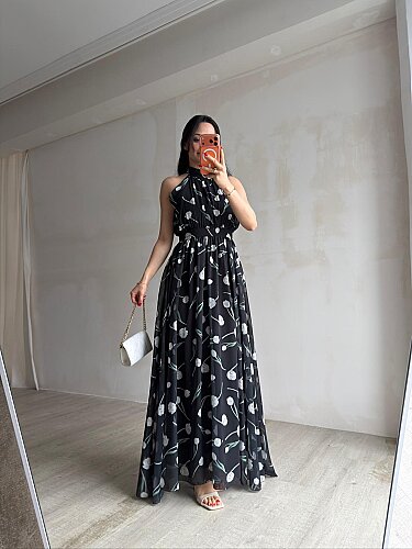 ALMEDA Halter Yaka Çiçekli Elbise 5982 - Siyah - 4