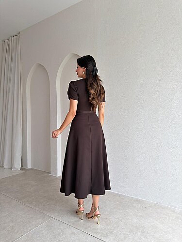ALORAH Kemerli Midi Elbise 3679 - Acı Kahve - 3