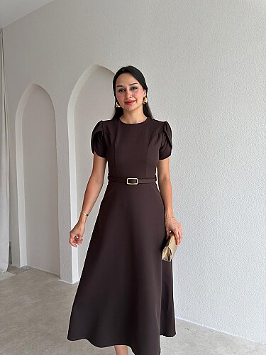 ALORAH Kemerli Midi Elbise 3679 - Acı Kahve - 2