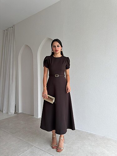 ALORAH Kemerli Midi Elbise 3679 - Acı Kahve - 1