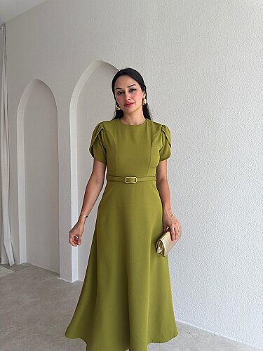 ALORAH Kemerli Midi Elbise 3679 - Yağ Yeşili - 2