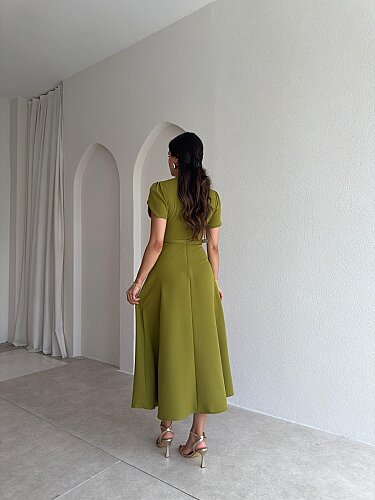 ALORAH Kemerli Midi Elbise 3679 - Yağ Yeşili - 3