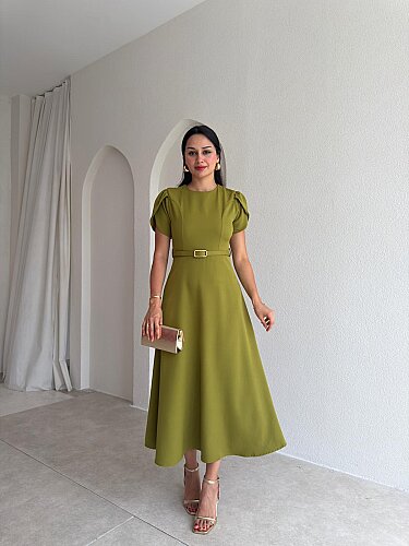 ALORAH Kemerli Midi Elbise 3679 - Yağ Yeşili - 1