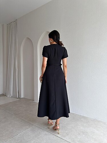 ALORAH Kemerli Midi Elbise 3679 - Siyah - 3