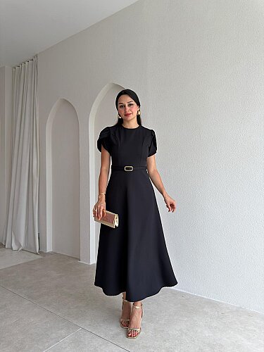 ALORAH Kemerli Midi Elbise 3679 - Siyah - 2