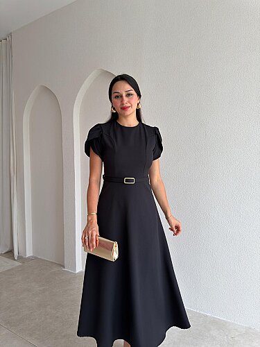 ALORAH Kemerli Midi Elbise 3679 - Siyah 