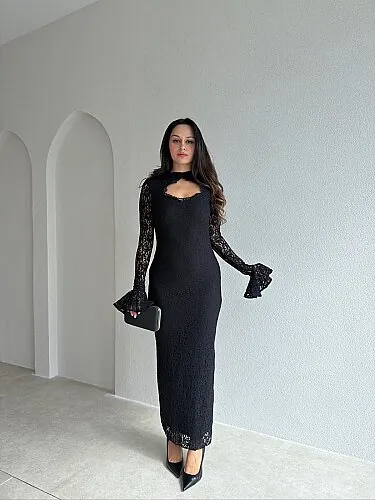 AQUA Dantelli Midi Elbise 4403 - Siyah - Mooi Butik