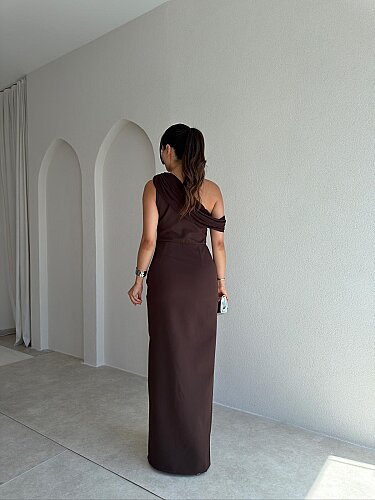 ARLEW Düşük Omuzlu Maxi Elbise 4126 - Acı Kahve - 3