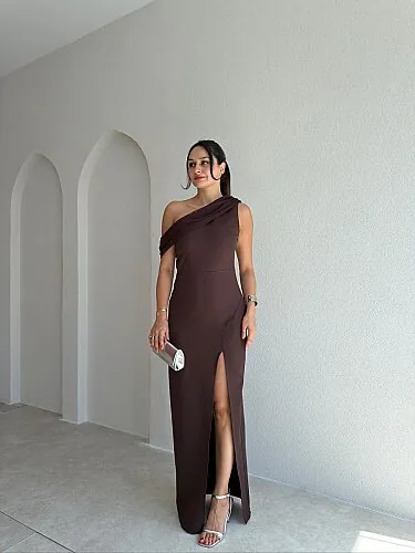 ARLEW Düşük Omuzlu Maxi Elbise 4126 - Acı Kahve - Mooi Butik