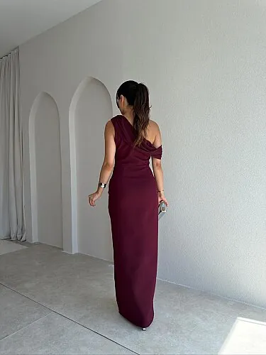  ARLEW Düşük Omuzlu Maxi Elbise 4126 - Bordo - 3