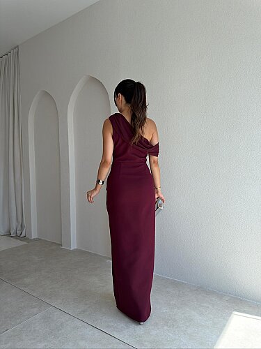  ARLEW Düşük Omuzlu Maxi Elbise 4126 - Bordo - 3