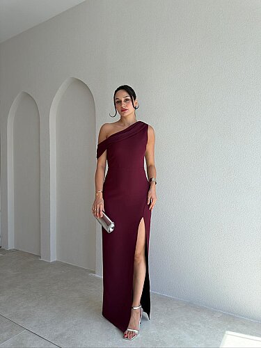  ARLEW Düşük Omuzlu Maxi Elbise 4126 - Bordo - 1