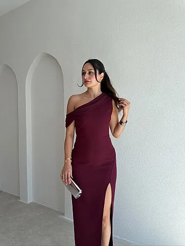  ARLEW Düşük Omuzlu Maxi Elbise 4126 - Bordo - 2