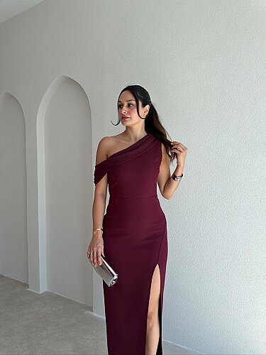  ARLEW Düşük Omuzlu Maxi Elbise 4126 - Bordo - 2